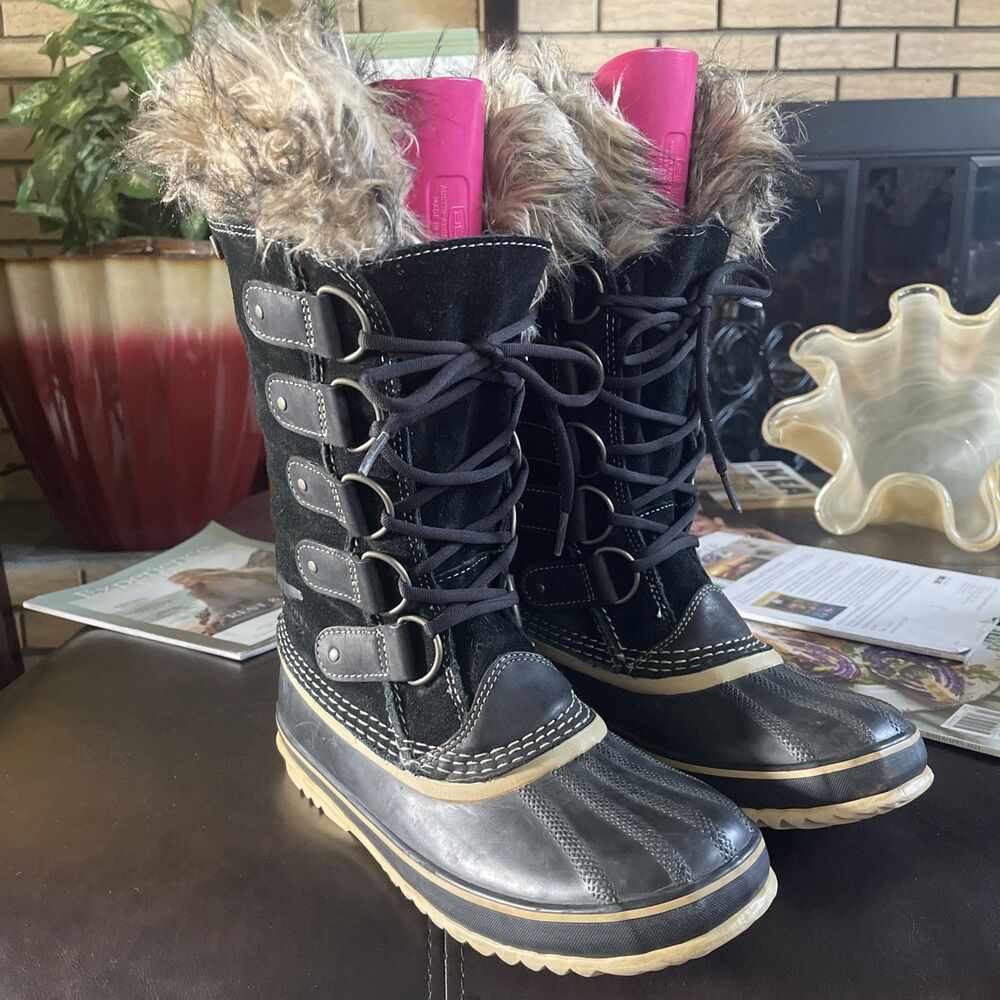 Sorel Boots Women's 9 Joan of Arctic Black Suede Waterproof Winter Snow Faux Fur
